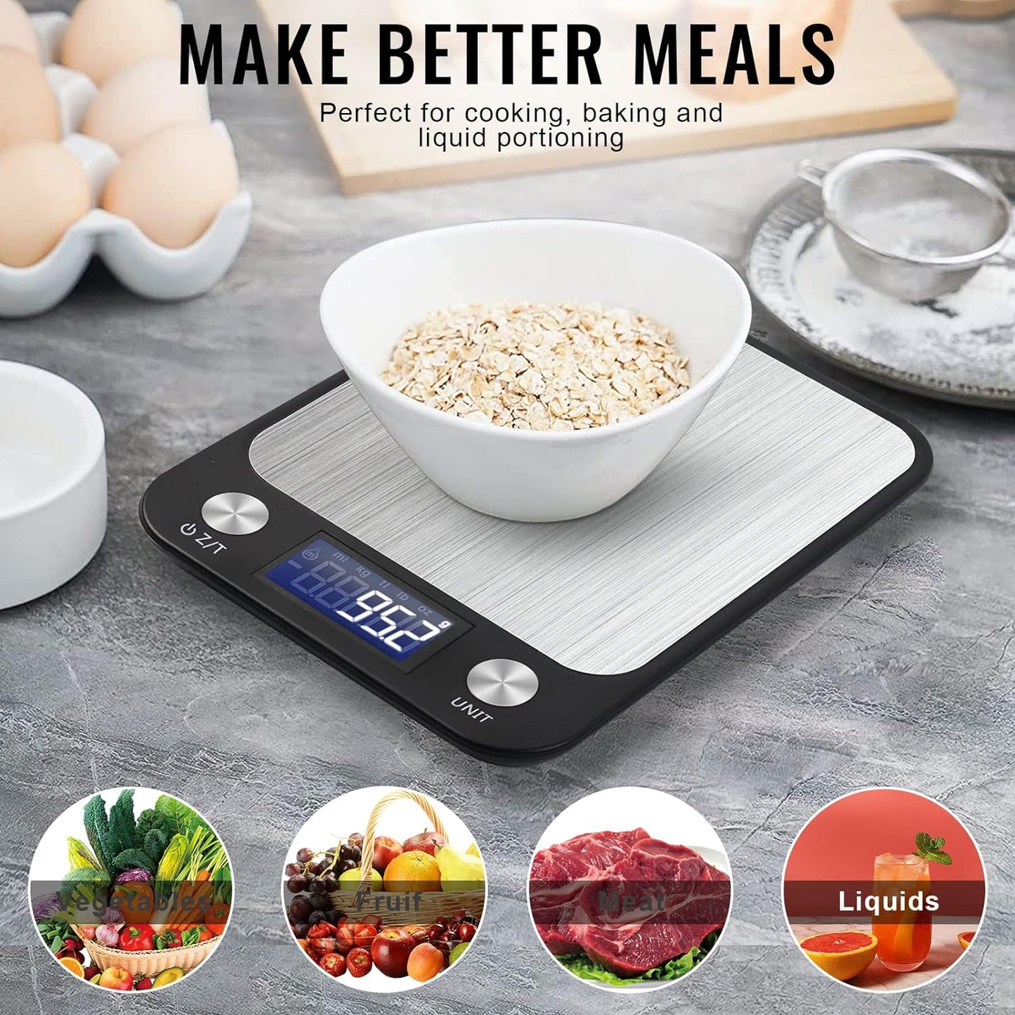 SKY-TOUCH Digital Kitchen Scale Multifunction Food Scale, Touch Button, Ultra Slim with Large LCD Display, 11lb/5kg, 22lb/5kg, Stainless Steel (Batteries Included) (10000g/1g) - Medaid