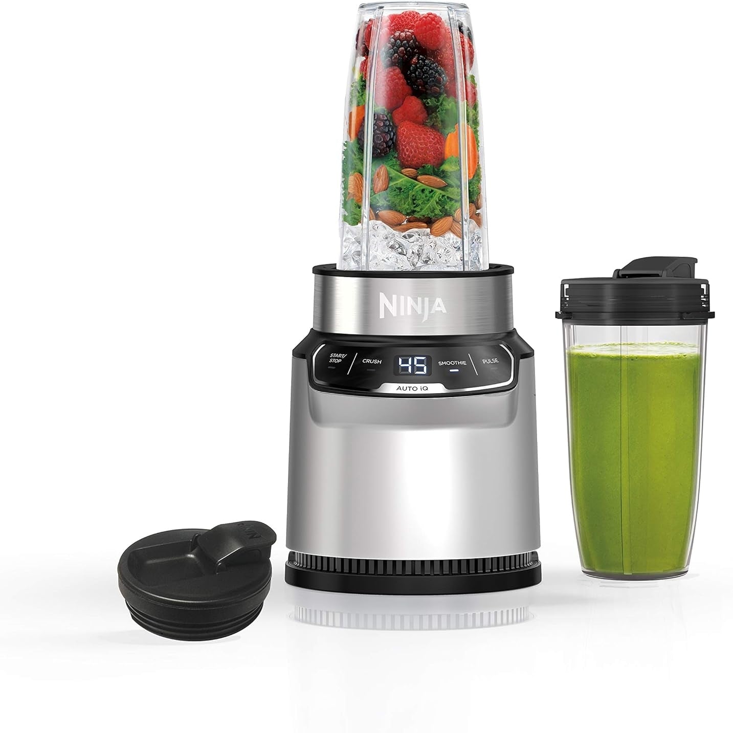 Ninja Fit Compact Personal Blender, Portable Blender for-Smoothies, Shakes, Food Prep, and Frozen Blending, 700-Watt Base, (2) 16-oz. Cups and Spout Lids, Black QB3001SS - Medaid