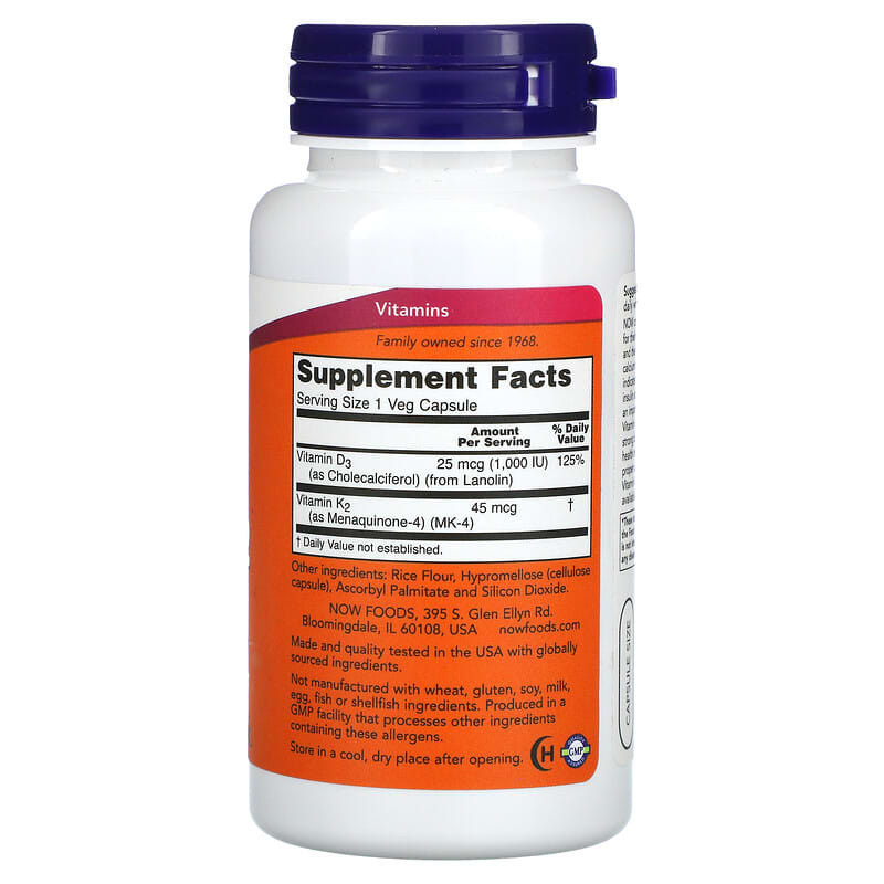 NOW Foods, Vitamin D-3 & K-2, 120 Veg Capsules - Medaid