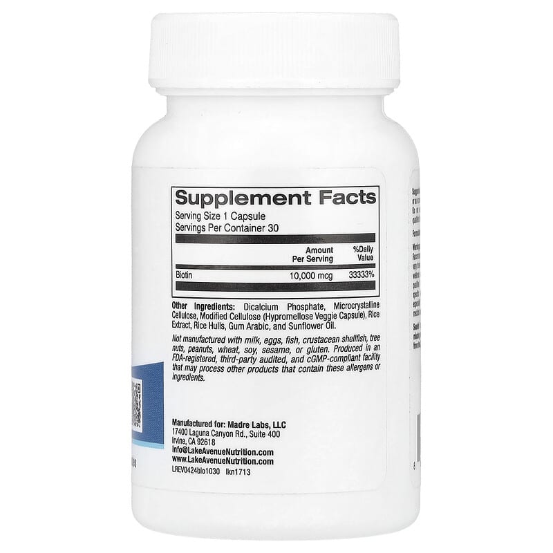 Lake Avenue Nutrition, Biotin, 10,000 mcg, 30 Veggie Capsules - Medaid