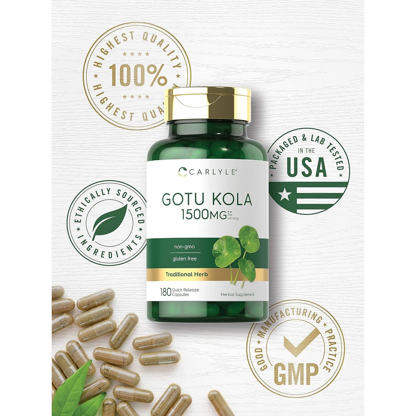 Carlyle Gotu Kola Capsules 1500mg | 180 Count | Non-GMO, Gluten Free | Traditional Herb Extract - Medaid