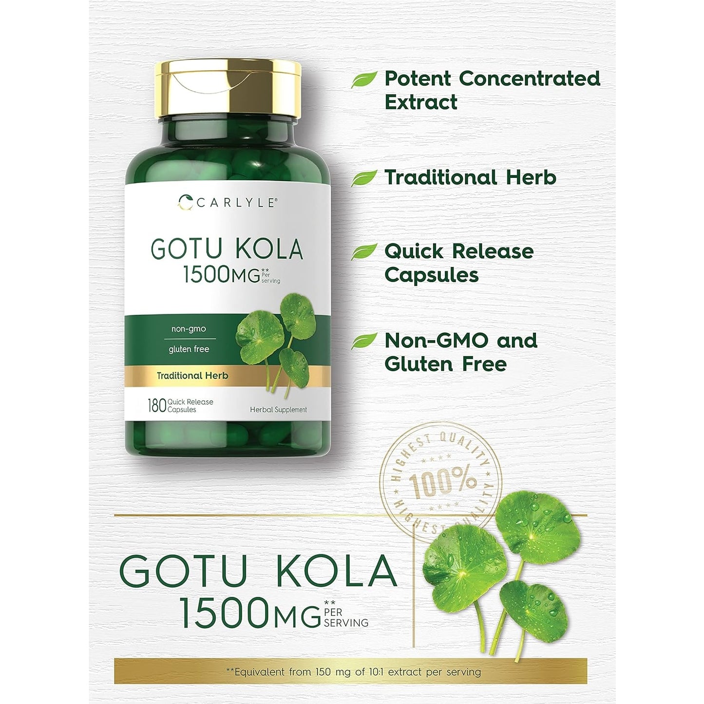 Carlyle Gotu Kola Capsules 1500mg | 180 Count | Non-GMO, Gluten Free | Traditional Herb Extract - Medaid