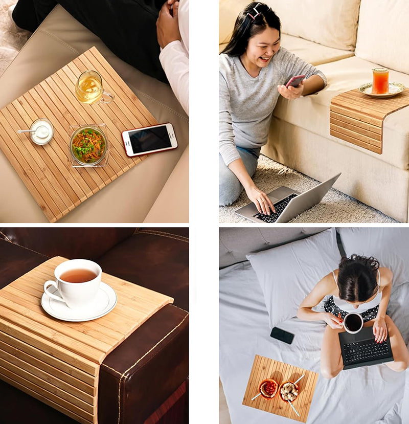 Bamboo Sofa Arm Tray Foldable Couch Protector and Armrest Tray with Non Slip Backing Sofa Tray and Organizer for Drink Snack Phone Laptop - Medaid