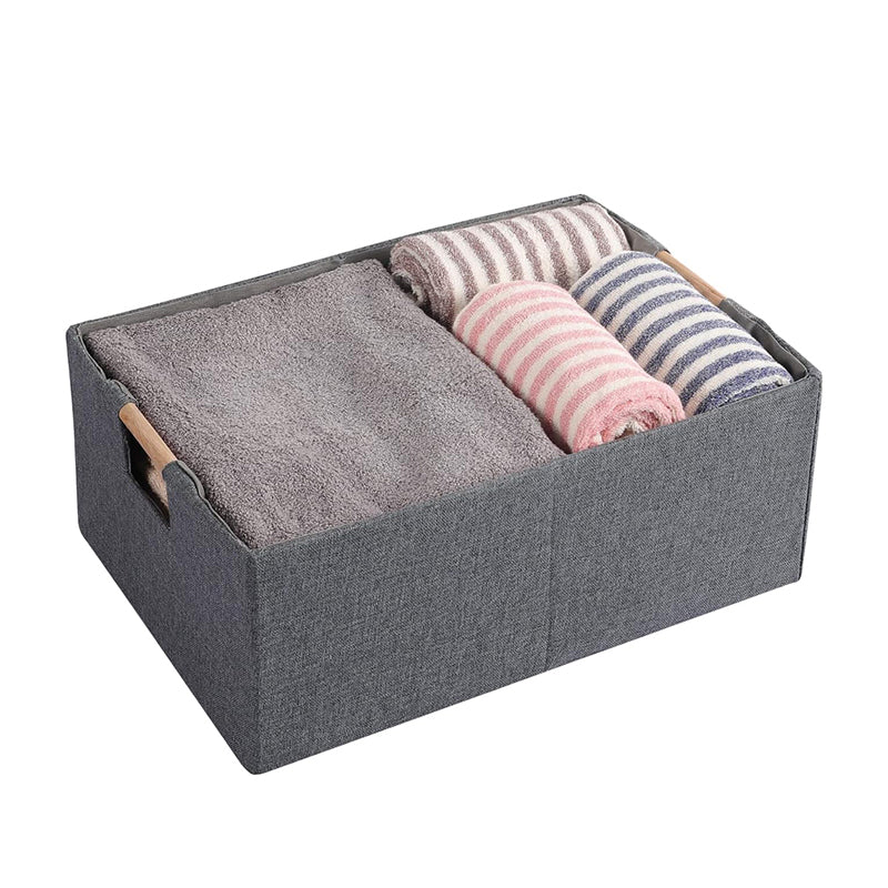 42 CM Foldable Fabric Storage Box with Wooden Handles Multipurpose Collapsible Closet Organizer Bins for Clothes Toys Towels and Blankets Gray - Medaid