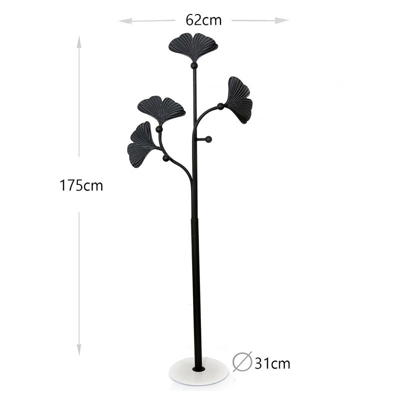 175 CM Freestanding Leaf Shape Metal Coat Rack with Stable Marble Base Clothes Hanger Stand with 5 Hooks Coat Racks for Hats Scarves Handbags Black - Medaid