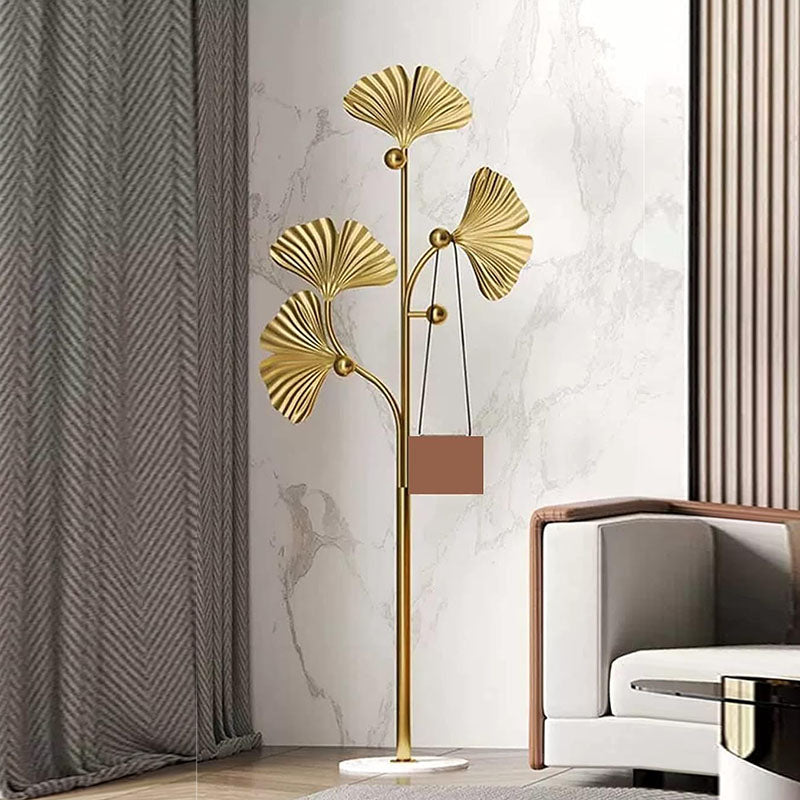 175 CM Freestanding Leaf Shape Metal Coat Rack with Stable Marble Base Clothes Hanger Stand with 5 Hooks Coat Racks for Hats Scarves Handbags Gold - Medaid