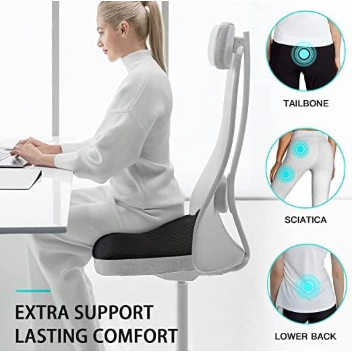 Seat Cushion for Office Chair,Memory Foam Non-Slip Desk Chair Cushion Back, Coccyx, Sciatica, Tailbone Pain Relief Butt Pillow for Office Chair, Car Wheelchair (Black) - Medaid - Lebanon
