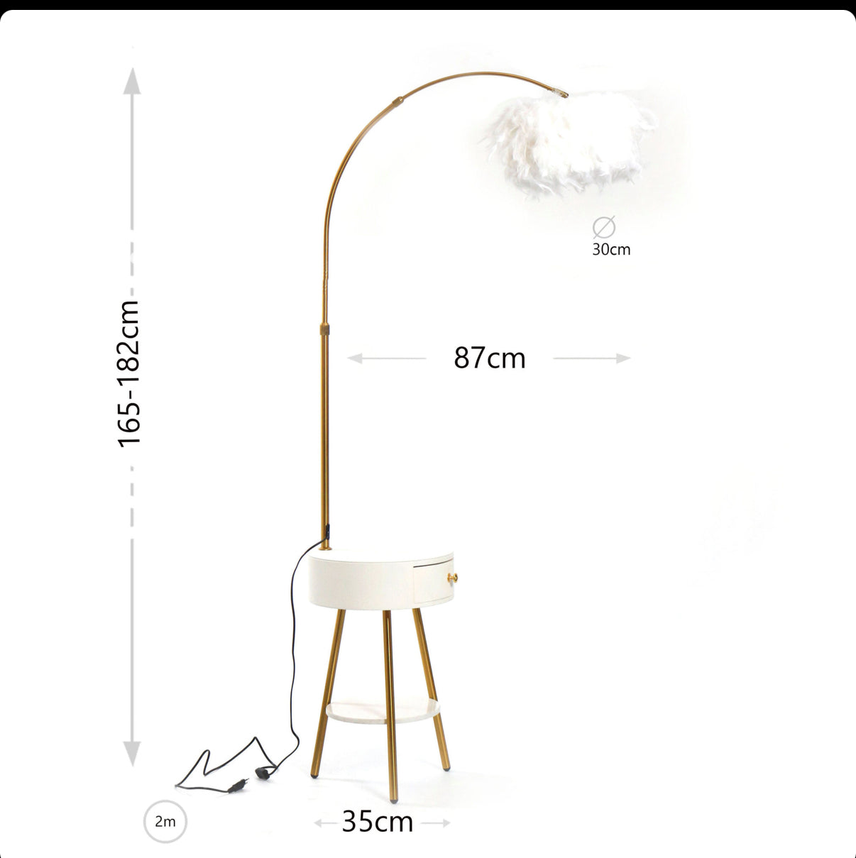 Modern End Table Feather Arched Floor Lamp with Shelves and Drawer for Living Room Bedroom - Medaid