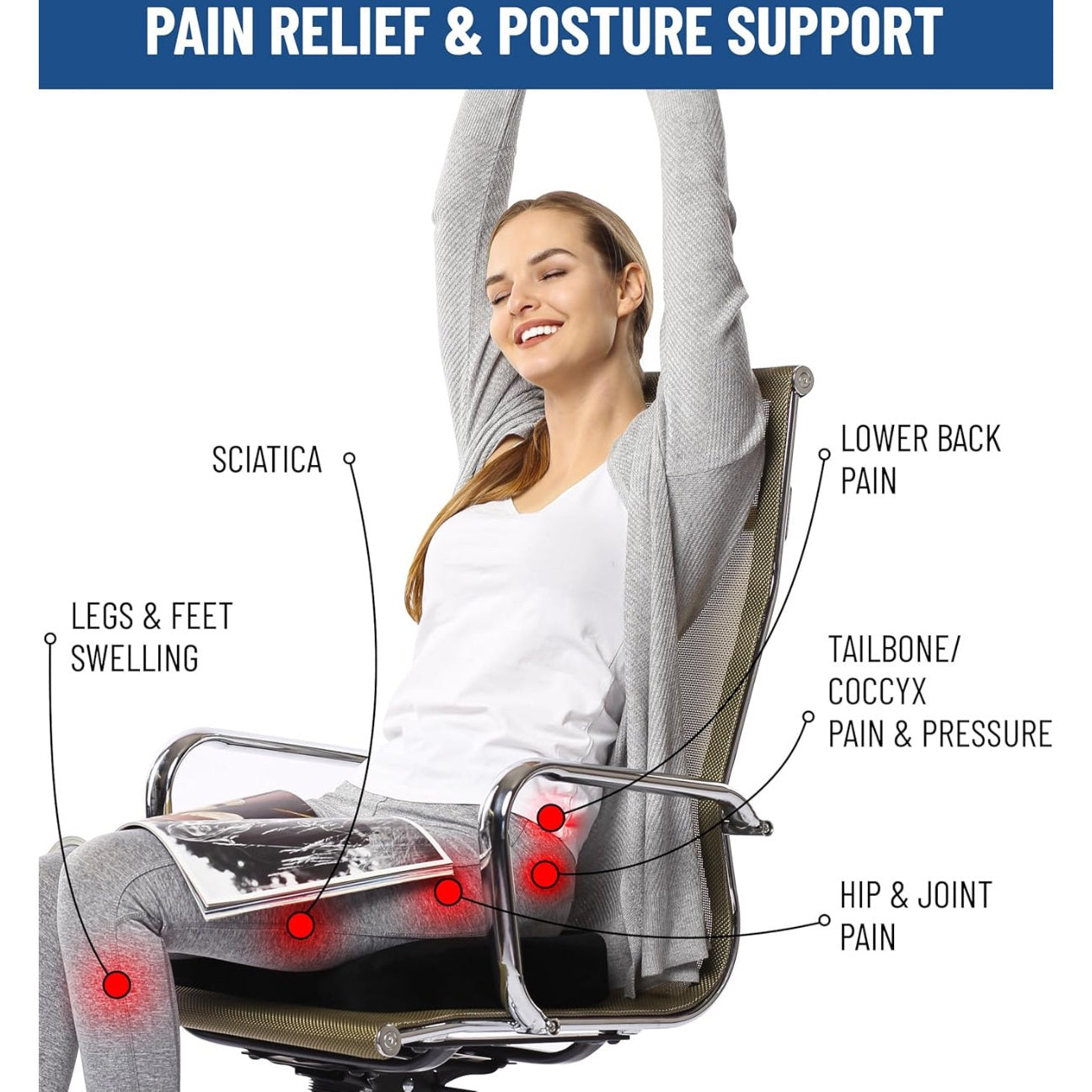 Everlasting Comfort Doctor Recommended Memory Foam Seat Cushion for Office Chairs & Car Seat - Ergonomic Office Desk Accessories for Tailbone Pain Relief, Sciatica & Back Support - Medaid International