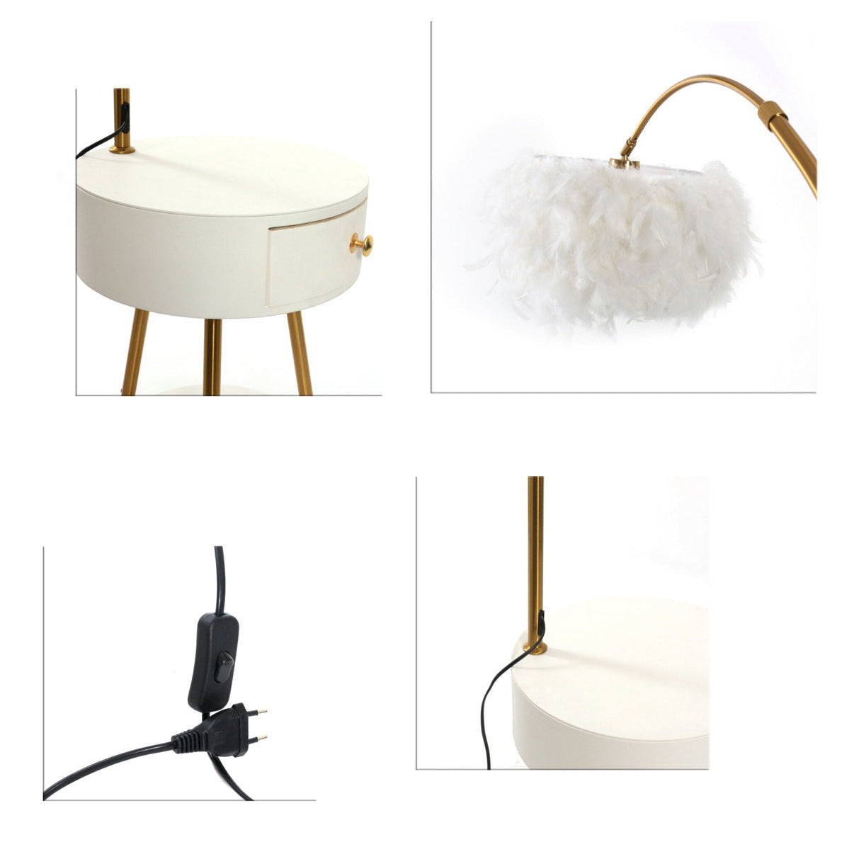 Modern End Table Feather Arched Floor Lamp with Shelves and Drawer for Living Room Bedroom - Medaid