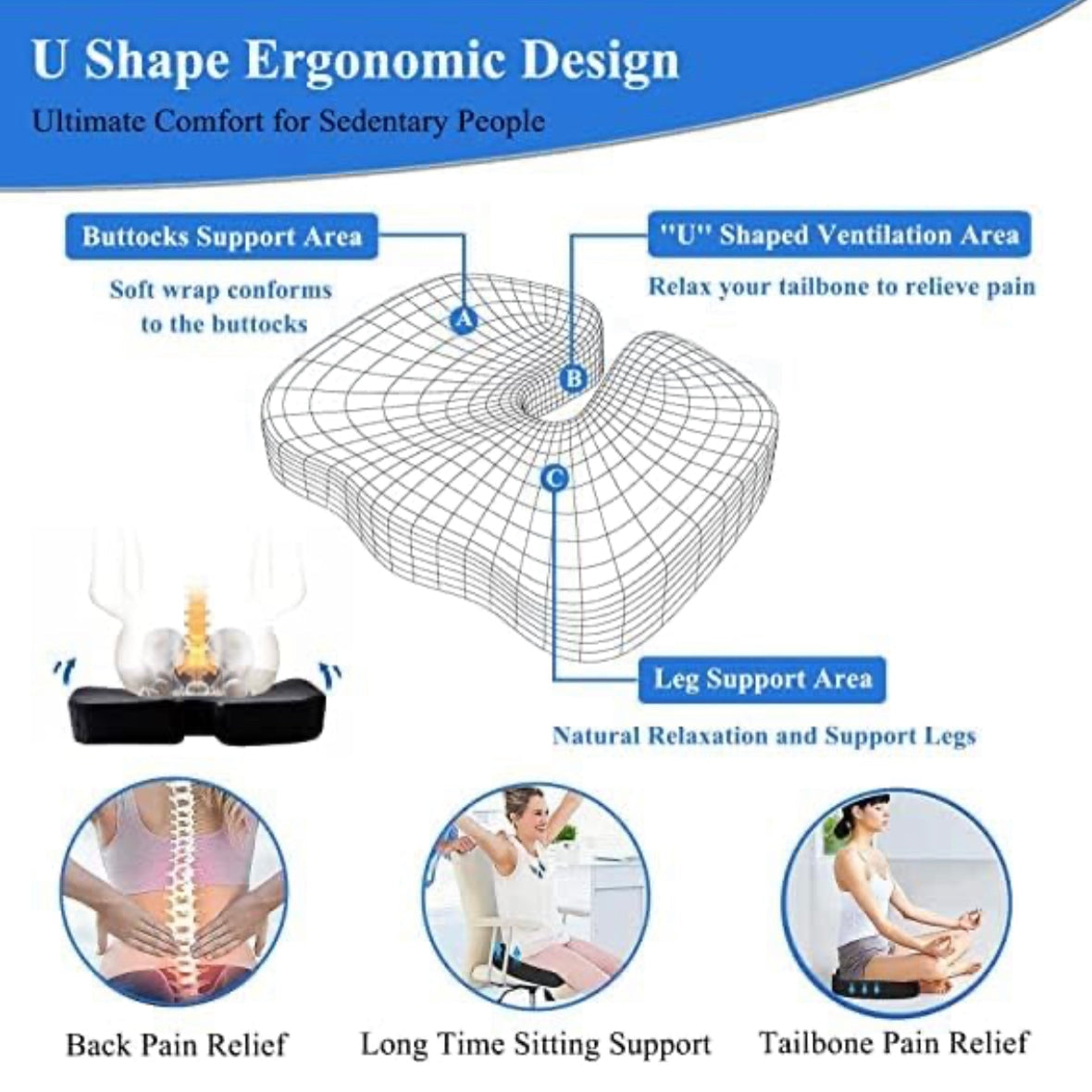 Seat Cushion for Office Chair,Memory Foam Non-Slip Desk Chair Cushion Back, Coccyx, Sciatica, Tailbone Pain Relief Butt Pillow for Office Chair, Car Wheelchair (Black) - Medaid - Lebanon