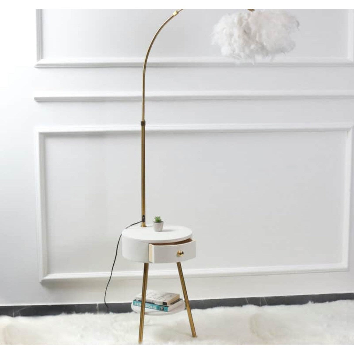 Modern End Table Feather Arched Floor Lamp with Shelves and Drawer for Living Room Bedroom - Medaid