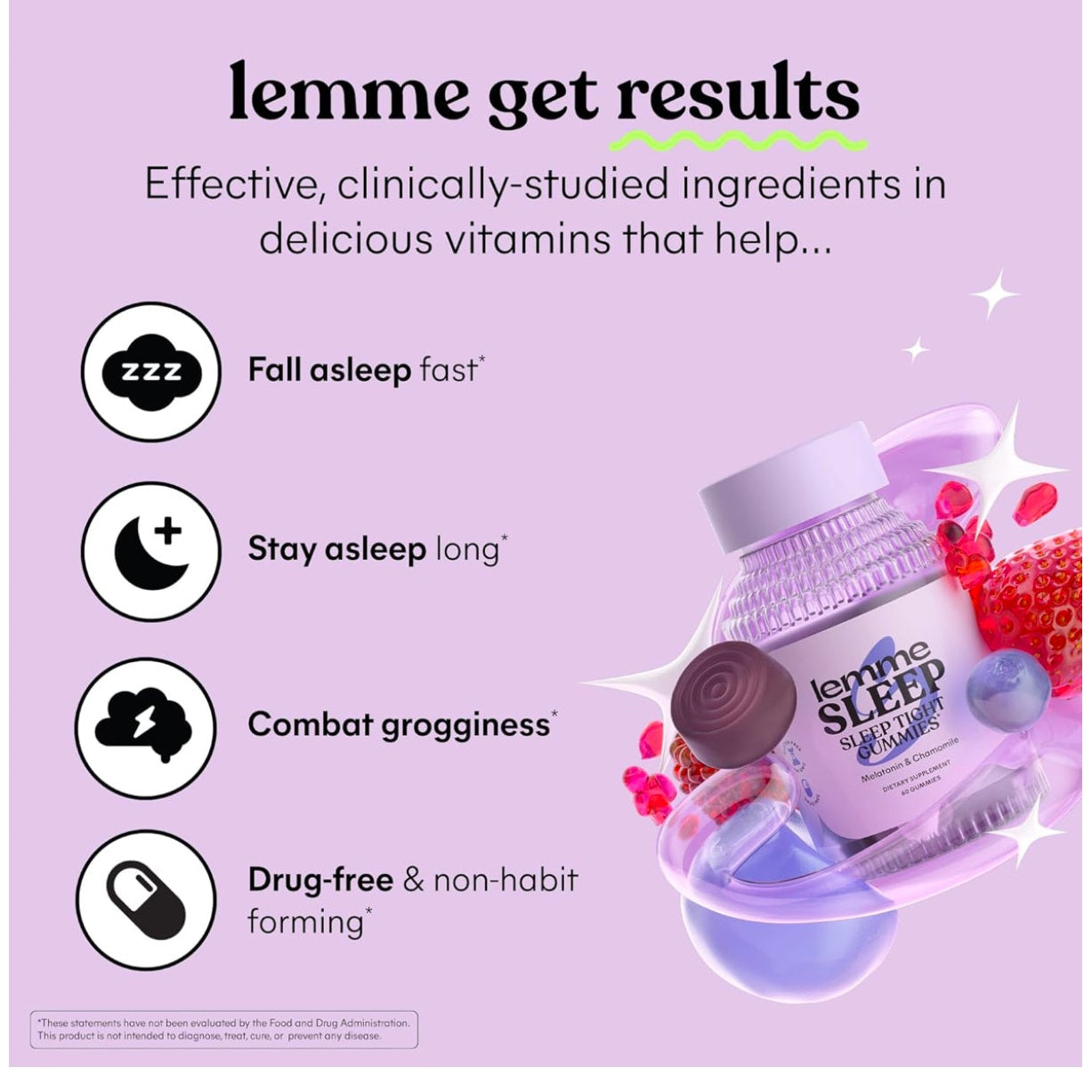 Lemme Sleep Gummies with 5mg Melatonin, Elderberry, Magnesium, L-Theanine, Chamomile and Lavender, Drug-Free Nighttime Sleep Aid, Vegan, Gluten Free, Gelatin Free, Non GMO, Berry Flavored (60 Count) - Medaid