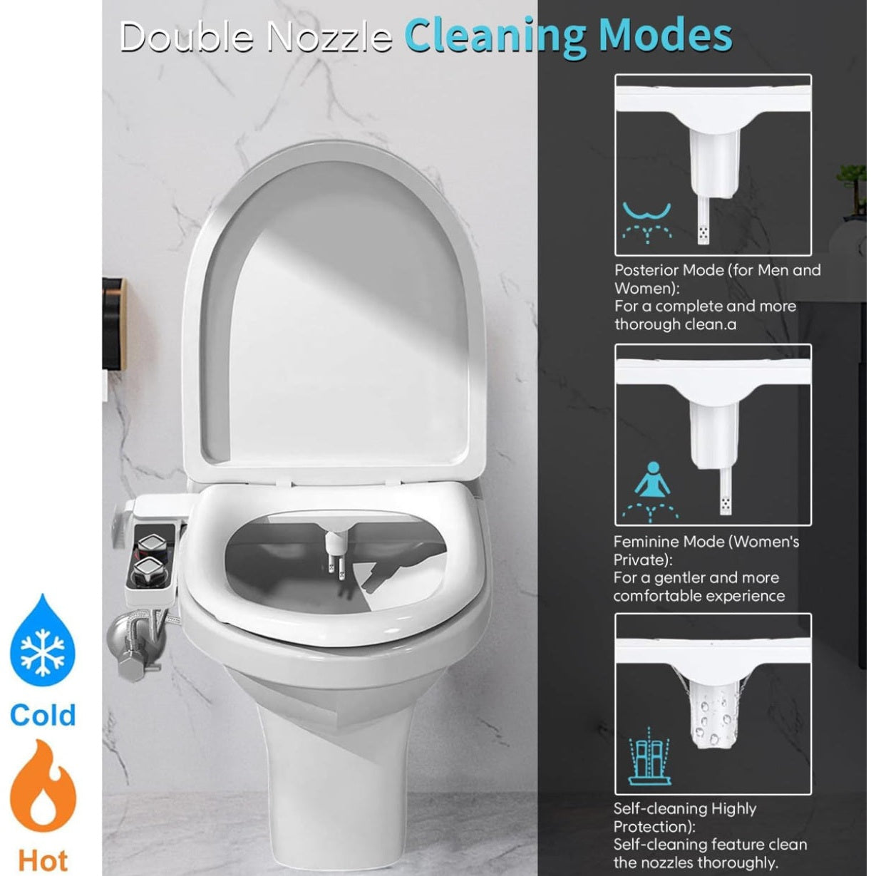 Angju Bidet Attachment for Toilet, Non-Electric Bidet Toilet Attachment, Cool & Warm Temperature Control, Self Cleaning Water Sprayer with Adjustable Water Pressure Nozzle, Frontal & Rear Wash - Medaid