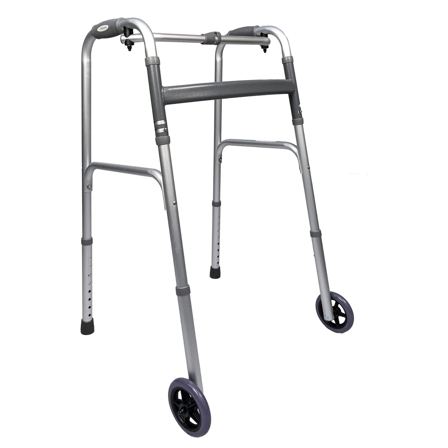 Rehamo Aluminum Height Adjustable Walker with Wheels | Foldable Walker for Elderly, Seniors, Disabled & Adults | Portable Walking Frame for Indoor & Outdoor Use | Weight Capacity - 120 Kgs - Medaid