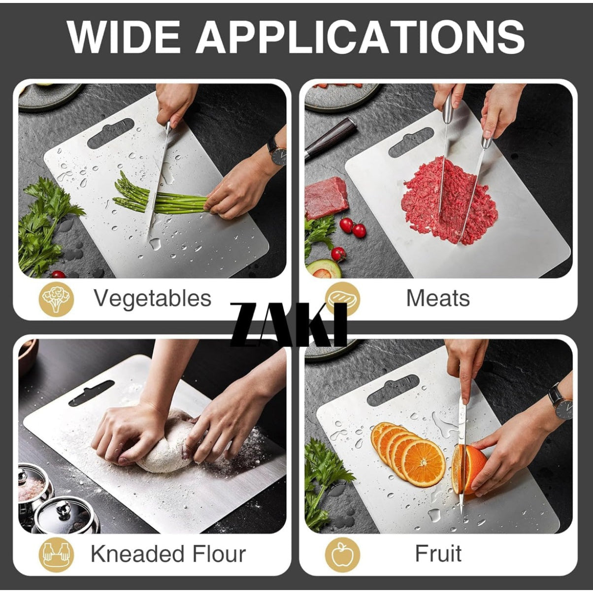 ZAKI Titanium Cutting Board, S304 Stainless Steel Chopping Board, Double-Sided Food Grade Cutting Board, Ideal for Handling Meat, Vegetables,Kneading and Dough Making (Medium 34x24 cm) - Medaid