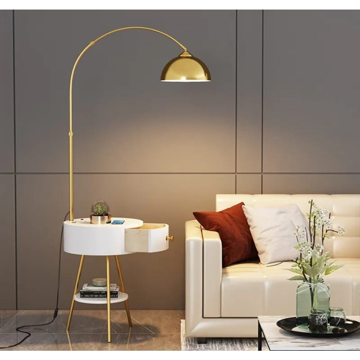 Modern End Table Arched Floor Lamp with Shelves and Drawer for Living Room Bedroom - Medaid