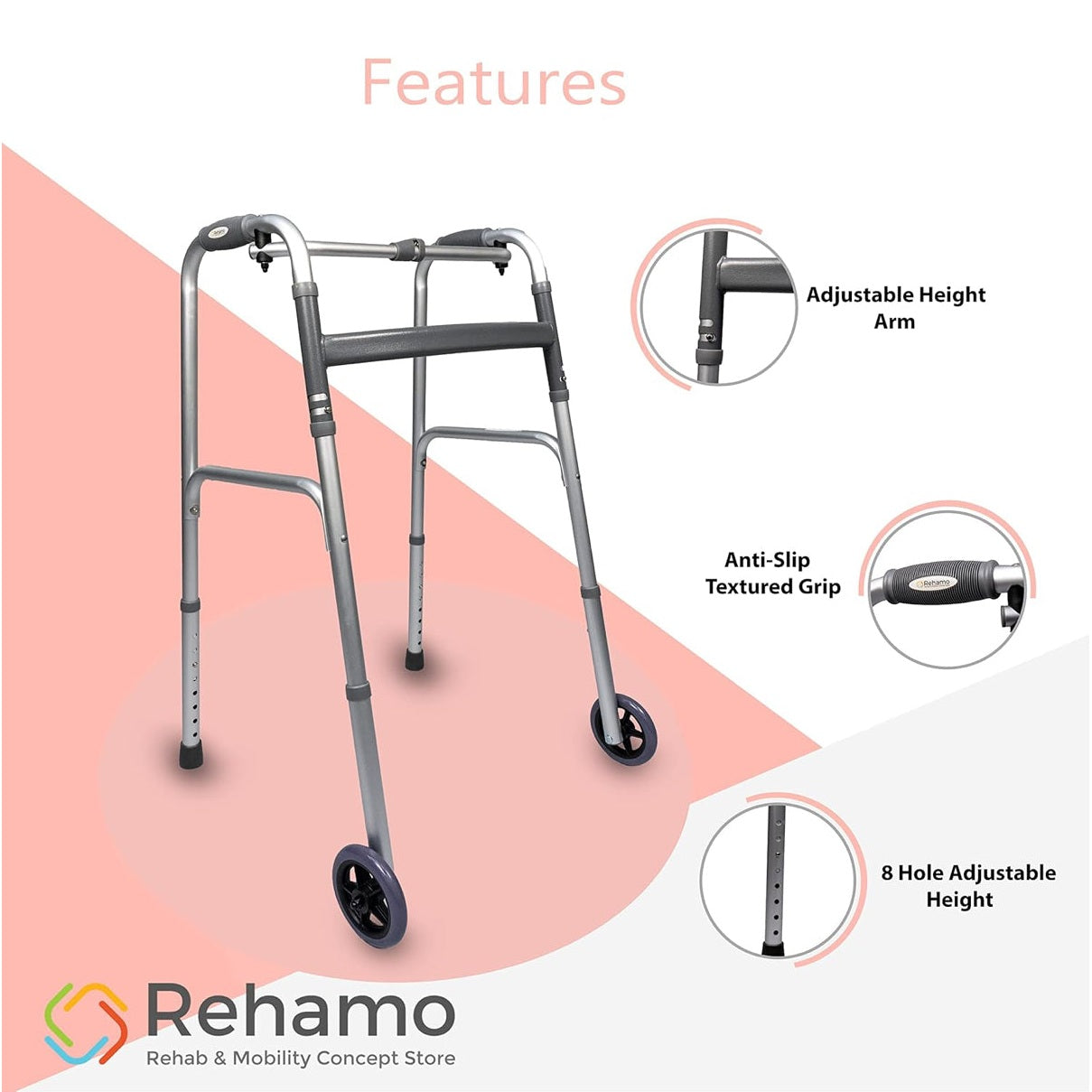 Rehamo Aluminum Height Adjustable Walker with Wheels | Foldable Walker for Elderly, Seniors, Disabled & Adults | Portable Walking Frame for Indoor & Outdoor Use | Weight Capacity - 120 Kgs - Medaid