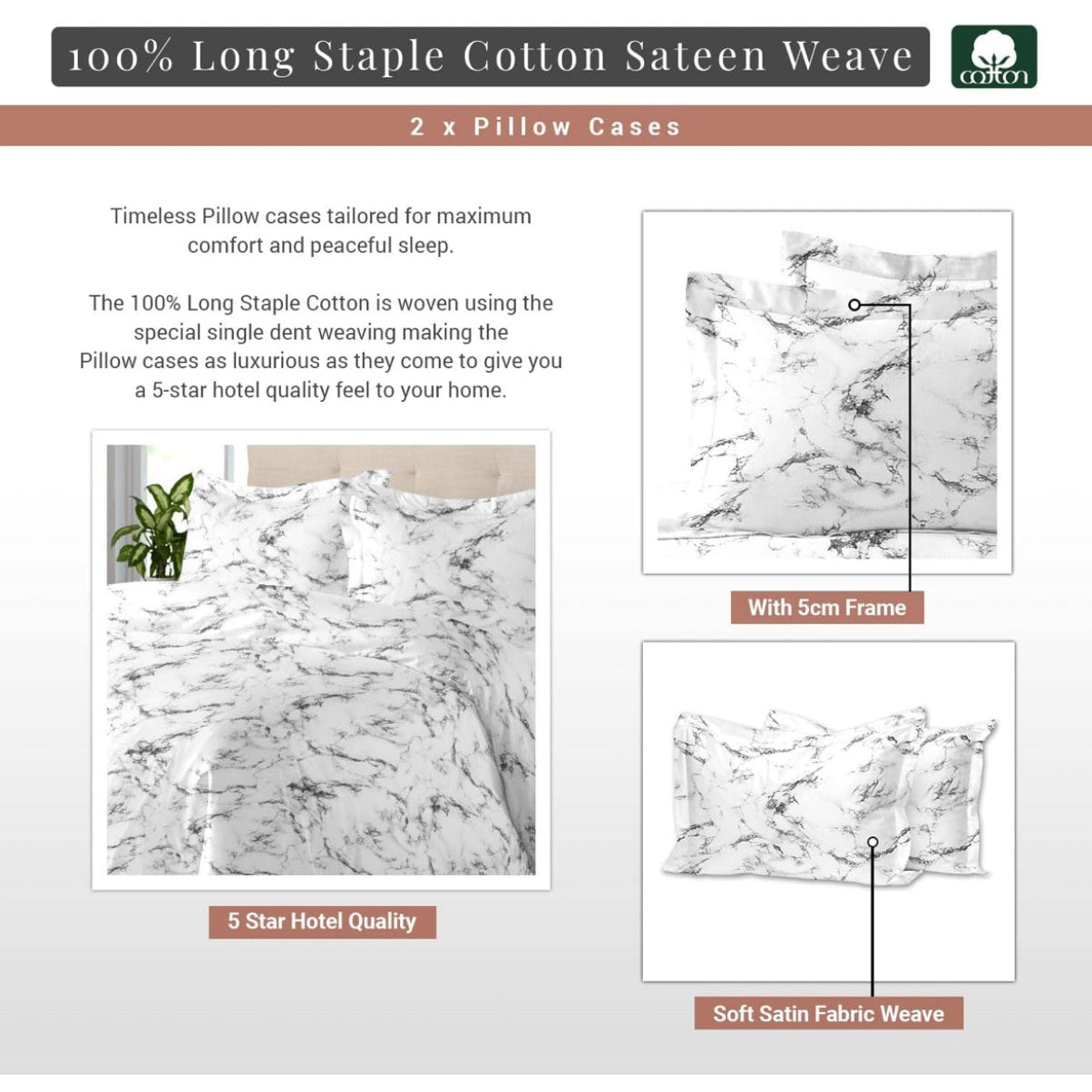 Pizuna Pure Combed Cotton Standard Pillow Cases 50x75 cm Marble White, 400 Thread Count Soft Luxurious 100% Long Staple Cotton Sateen Weave Pillow Cover With 5cm Hem (Printed Pillowcase - 2 PC) - Medaid