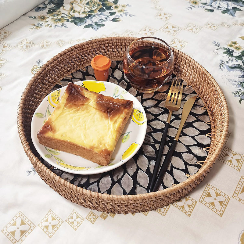 28 CM Handmade Round Rattan Tray with Black Shell Bottom Woven Serving Tray for Food Drink Snack Coffee Table Decor - Medaid