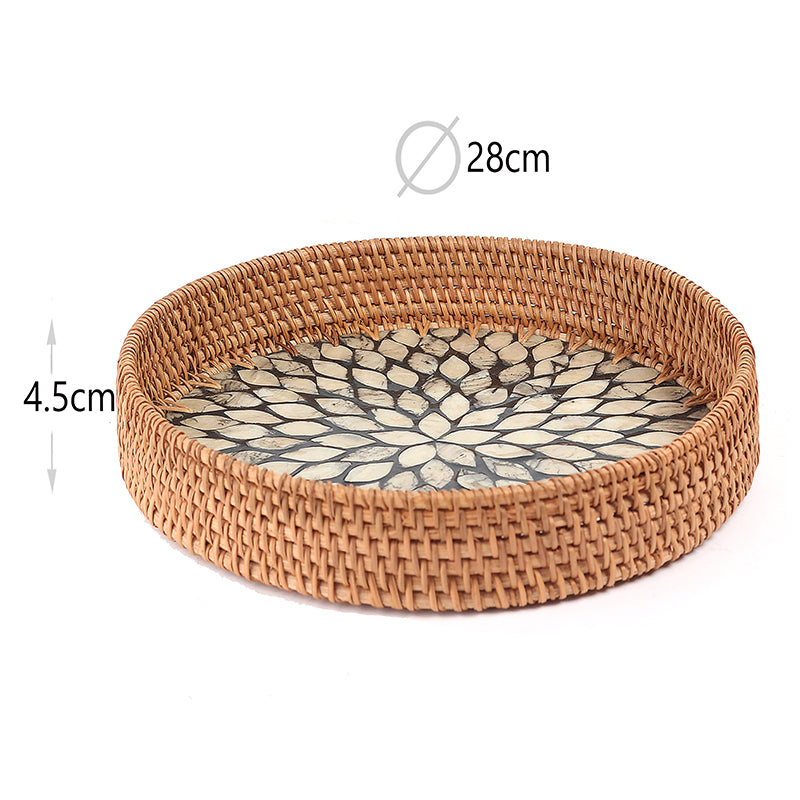 28 CM Handmade Round Rattan Tray with Black Shell Bottom Woven Serving Tray for Food Drink Snack Coffee Table Decor - Medaid