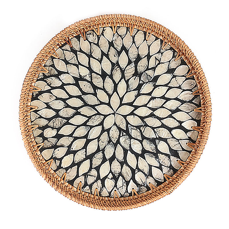 28 CM Handmade Round Rattan Tray with Black Shell Bottom Woven Serving Tray for Food Drink Snack Coffee Table Decor - Medaid
