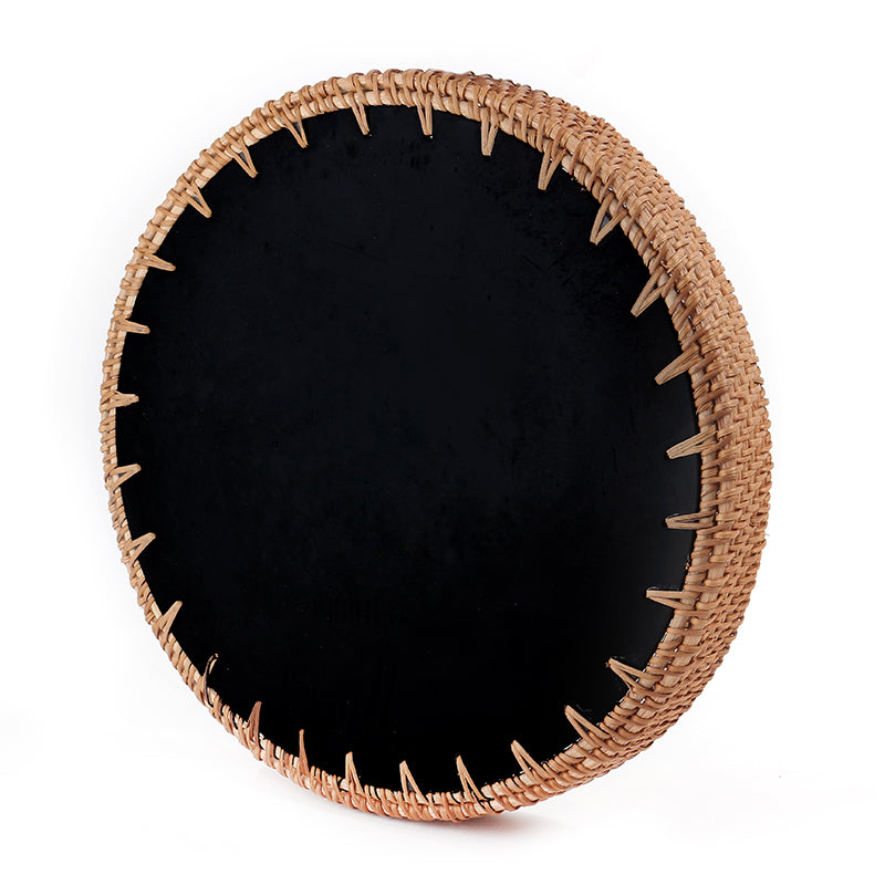 28 CM Handmade Round Rattan Tray with Black Shell Bottom Woven Serving Tray for Food Drink Snack Coffee Table Decor - Medaid