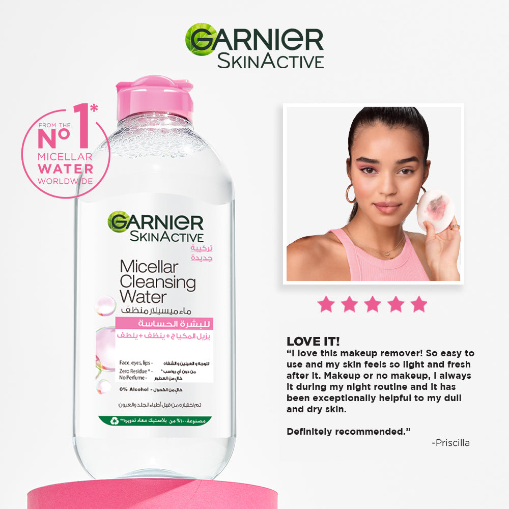 Garnier Micellar Water Facial Cleanser and Makeup Remover Pink for sensitive skin (3 sizes) - Medaid - Lebanon