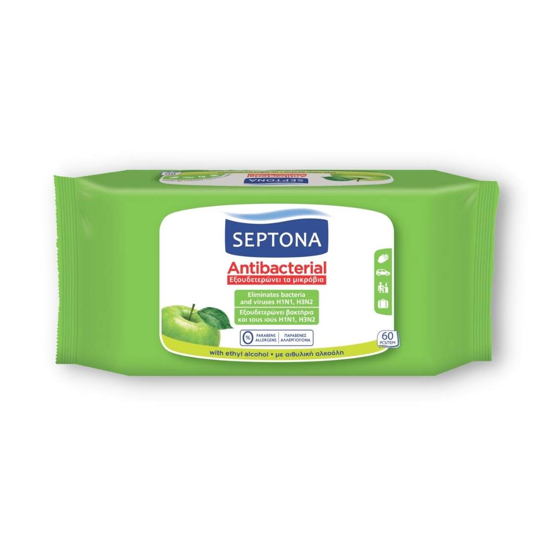 Septona Antibacterial Wipes Green Apple Fragrance 60 Wipes - Medaid