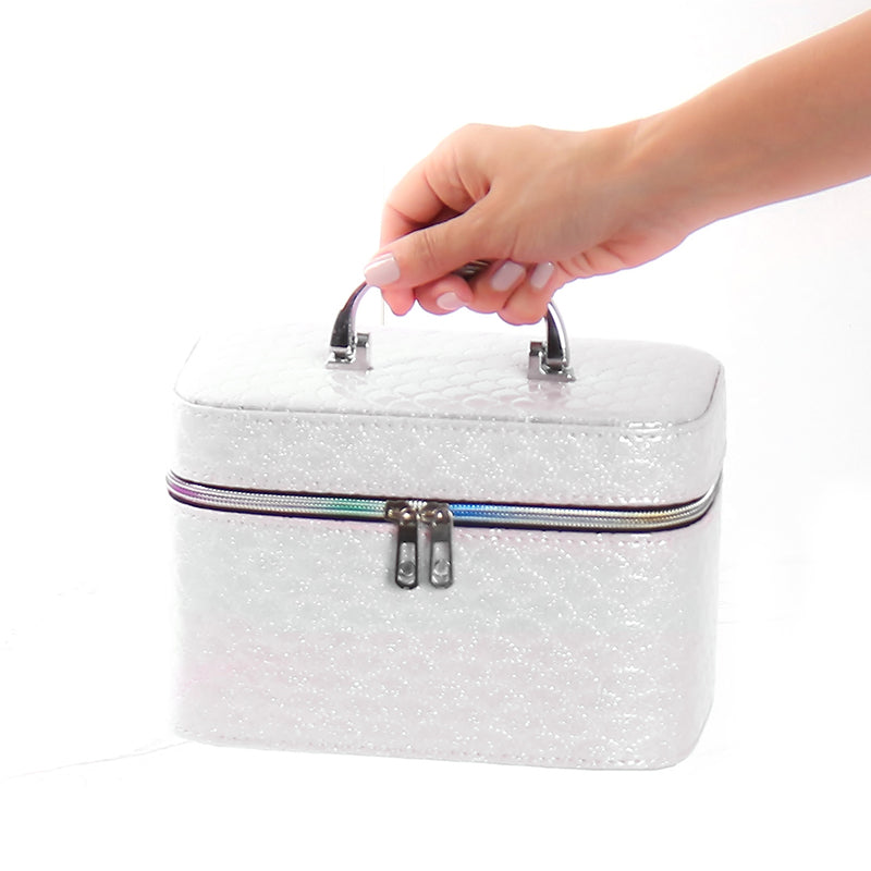 21 CM Waterproof Leather Makeup Storage Box with Double Zipper and Handle Portable Travel Case Organizer with Mirror for Makeup Cosmetics Vanity White - Medaid