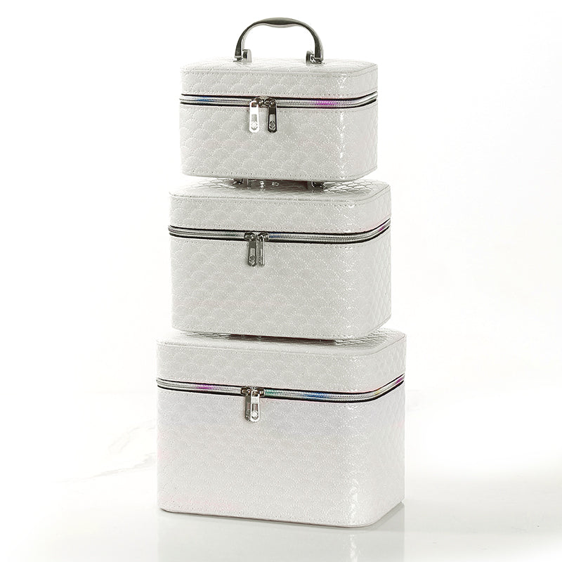 21 CM Waterproof Leather Makeup Storage Box with Double Zipper and Handle Portable Travel Case Organizer with Mirror for Makeup Cosmetics Vanity White - Medaid