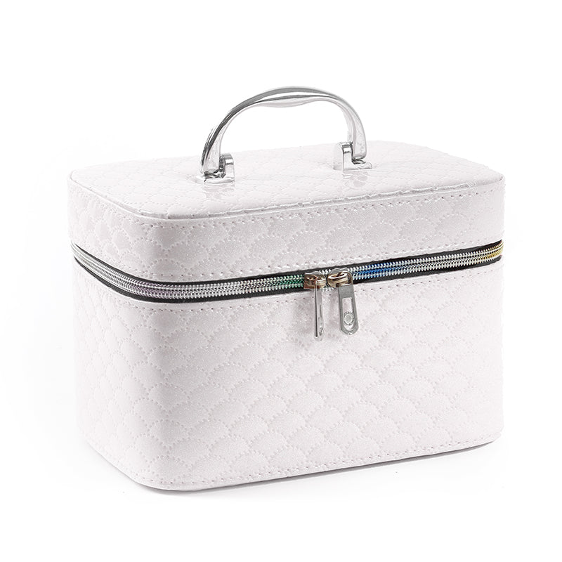 21 CM Waterproof Leather Makeup Storage Box with Double Zipper and Handle Portable Travel Case Organizer with Mirror for Makeup Cosmetics Vanity White - Medaid