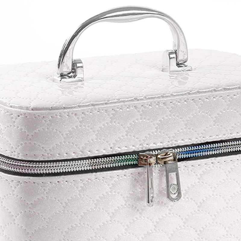 21 CM Waterproof Leather Makeup Storage Box with Double Zipper and Handle Portable Travel Case Organizer with Mirror for Makeup Cosmetics Vanity White - Medaid