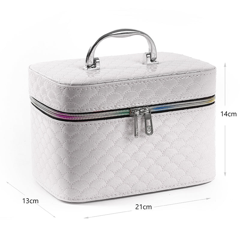 21 CM Waterproof Leather Makeup Storage Box with Double Zipper and Handle Portable Travel Case Organizer with Mirror for Makeup Cosmetics Vanity White - Medaid