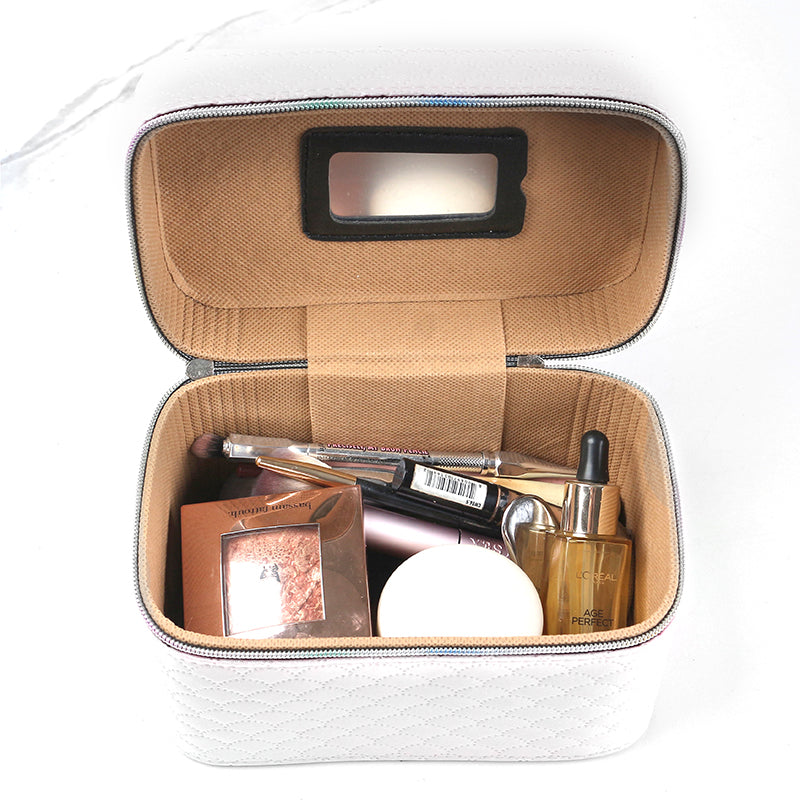 21 CM Waterproof Leather Makeup Storage Box with Double Zipper and Handle Portable Travel Case Organizer with Mirror for Makeup Cosmetics Vanity White - Medaid