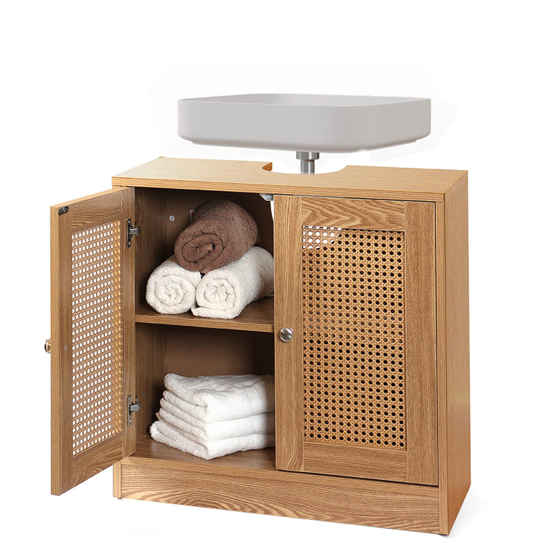 58 CM Waterproof Wooden Bamboo Under Sink Storage Cabinet Wooden Bathroom Sink Cabinet with 2 Rattan Doors Storage and Organizer Bathroom Vanity Beige - Medaid