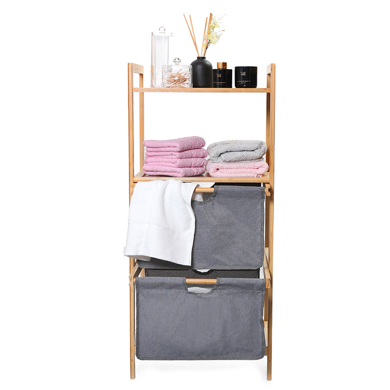 96 CM Wooden Bamboo Laundry Basket Shelves Storage Drawers with Fabric Cloth Removable Baskets 2 Tier Organizer Shelf for Bathroom and Bedroom - Medaid