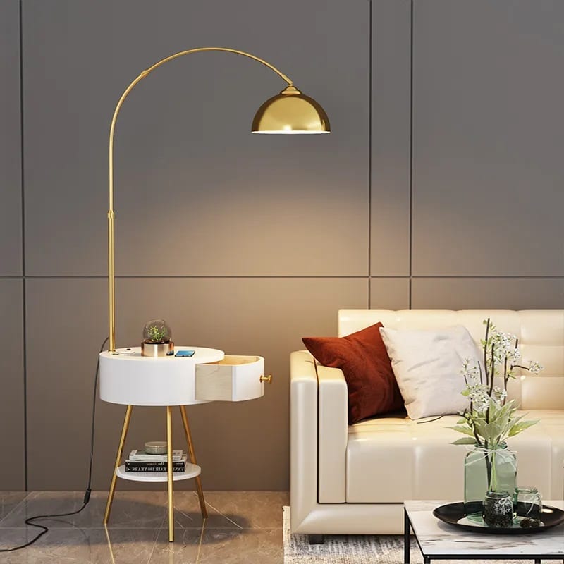 Modern End Table Arched Floor Lamp with Shelves and Drawer for Living Room, Bedroom - Medaid