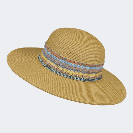 Stamion Floppy Medium Multicolored Band Women Beach Hat Light Brown - Medaid