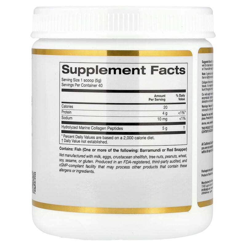 California Gold Nutrition, Hydrolyzed Marine Collagen Peptides, Unflavored, 200 g - Medaid