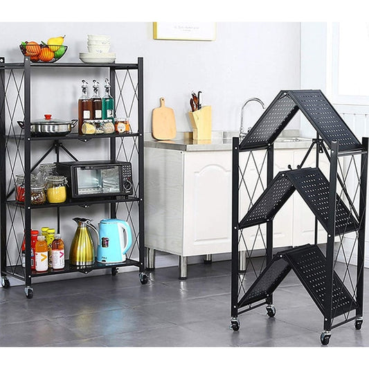 4 Tier Foldable Metal Storage Shelf Racks with Wheels Holds Up to 250 KG Moving Organizer Shelves for Kitchen Living Room and Bathroom Black - Medaid