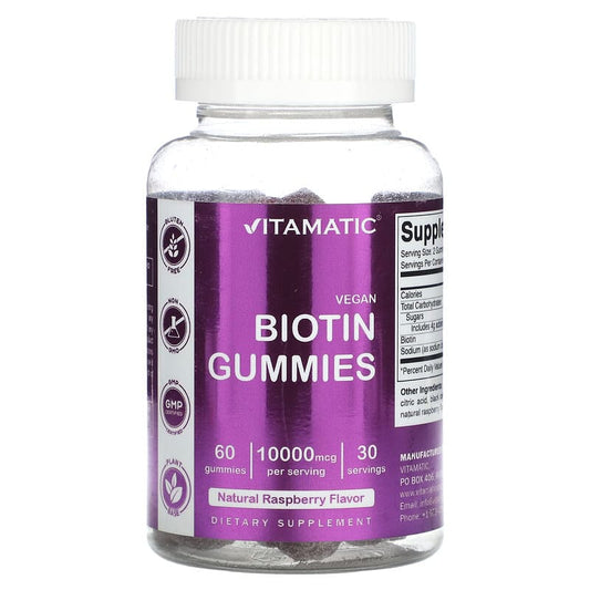 Vitamatic, Vegan Biotin Gummies, Natural Raspberry, 10,000 mcg, 60 Gummies - Medaid