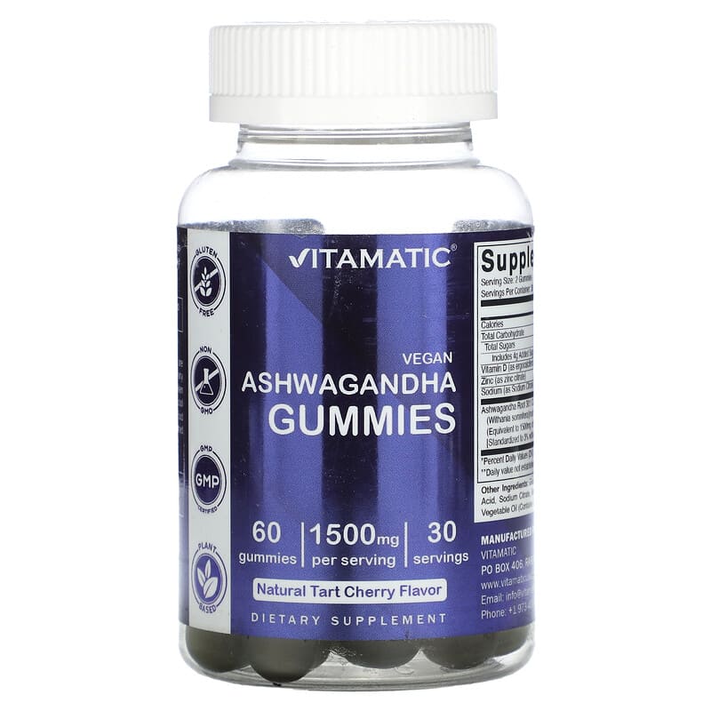 Vitamatic, Vegan Ashwagandha, Natural Tart Cherry, 1,500 mg, 60 Gummies - Medaid International