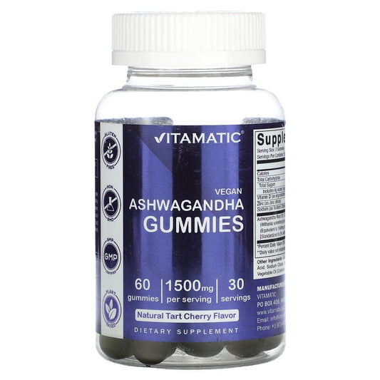 Vitamatic, Vegan Ashwagandha, Natural Tart Cherry, 1,500 mg, 60 Gummies - Medaid International