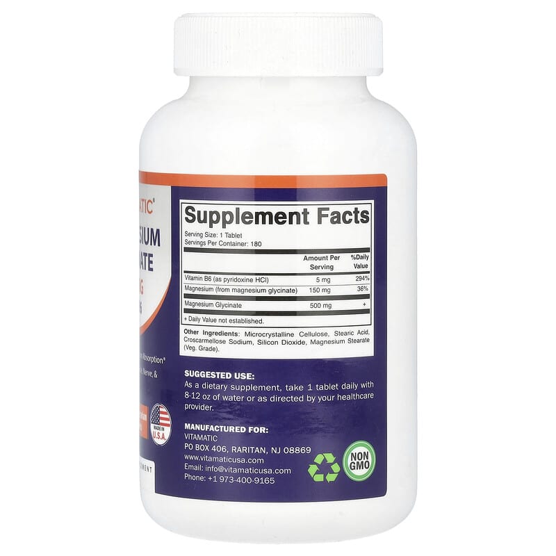 Vitamatic, Magnesium Glycinate with B6, 500mg, 180 Vegetarian Tablets - Medaid