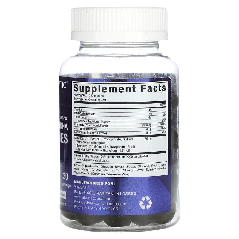 Vitamatic, Vegan Ashwagandha, Natural Tart Cherry, 1,500 mg, 60 Gummies - Medaid International