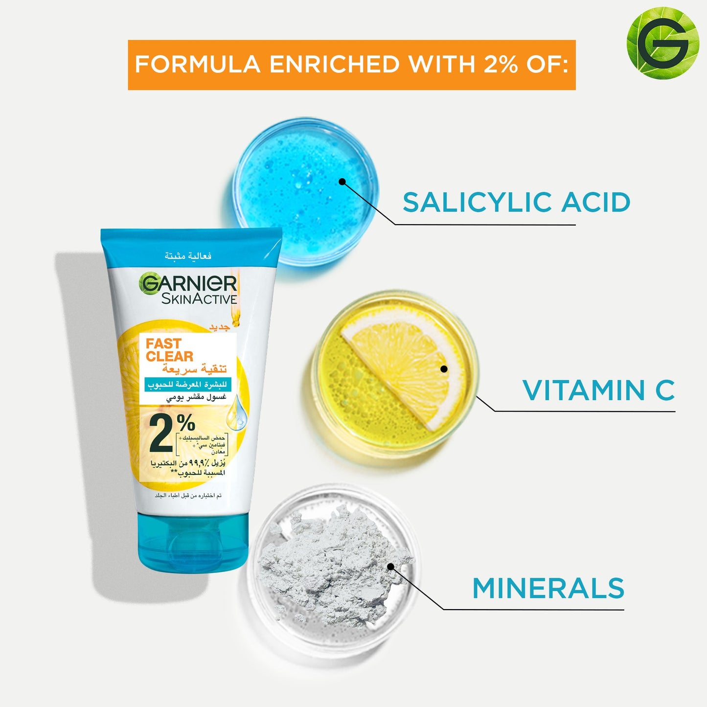 Garnier Fast Clear [2%] Salicylic Acid & Vitamin C - 3-in-1 Anti-Acne Exfoliating Wash 150ml - Medaid