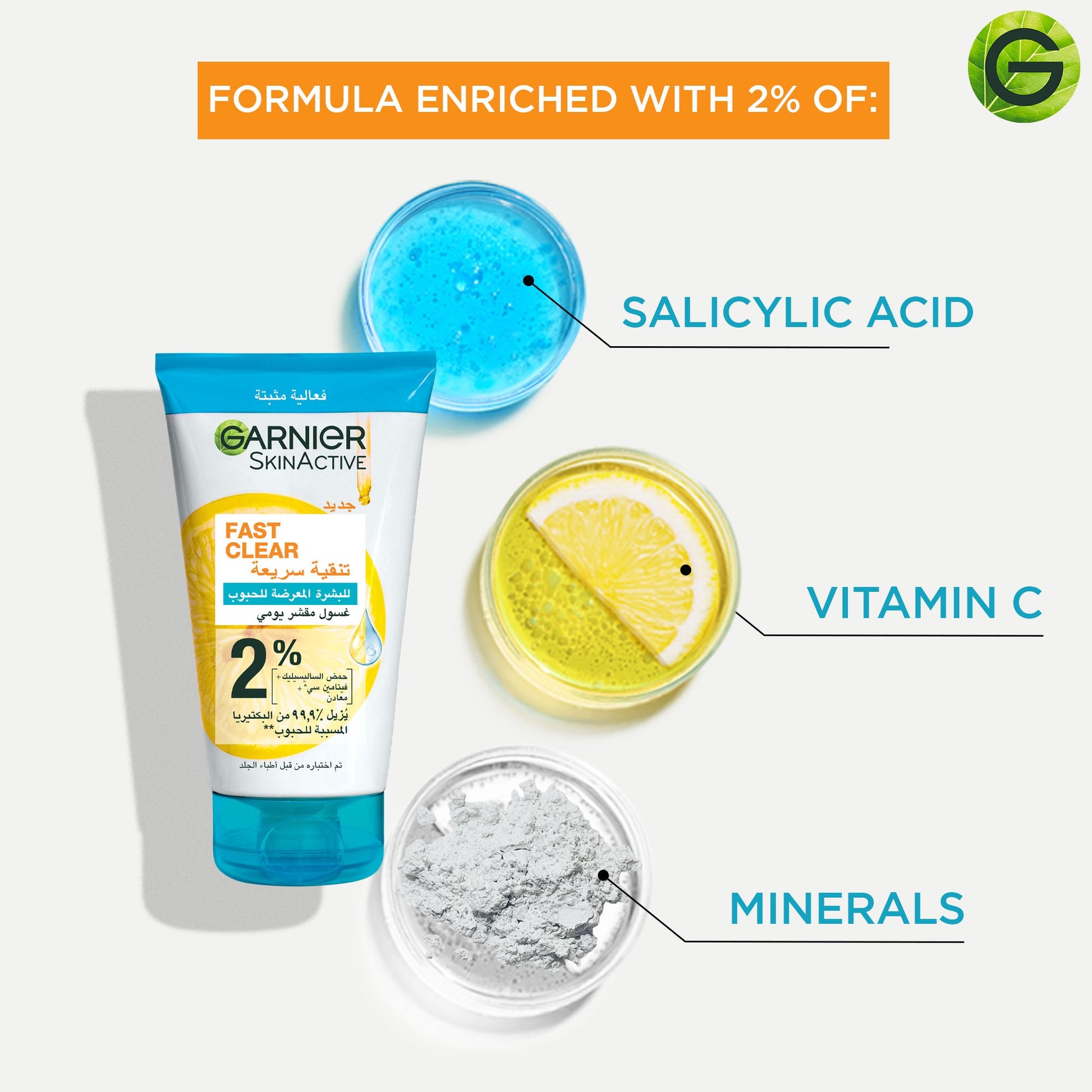 Garnier Fast Clear [2%] Salicylic Acid & Vitamin C - 3-in-1 Anti-Acne Exfoliating Wash 150ml - Medaid