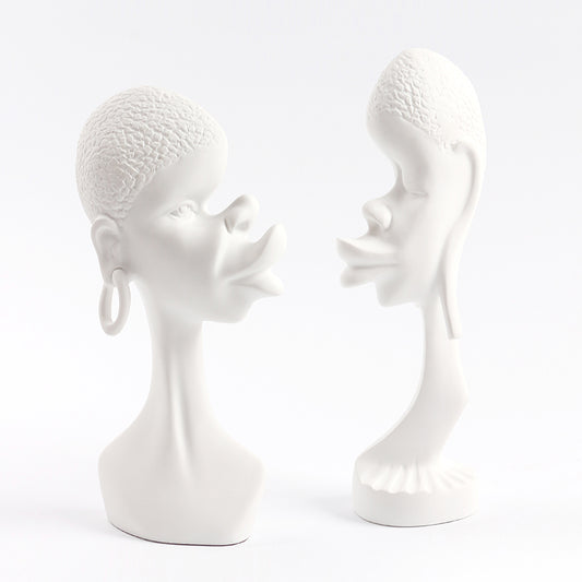 2 Pieces Resin Abstract African Couple Head Sculptures Art Statues for Home and Office White - Medaid