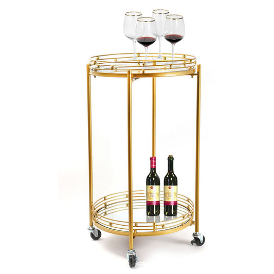 2 Tier Metal Round Mirrored Bar Cart Home Bar Serving Trolley with 4 Wheels with Brake for Kitchen Living Room Hotels - Medaid